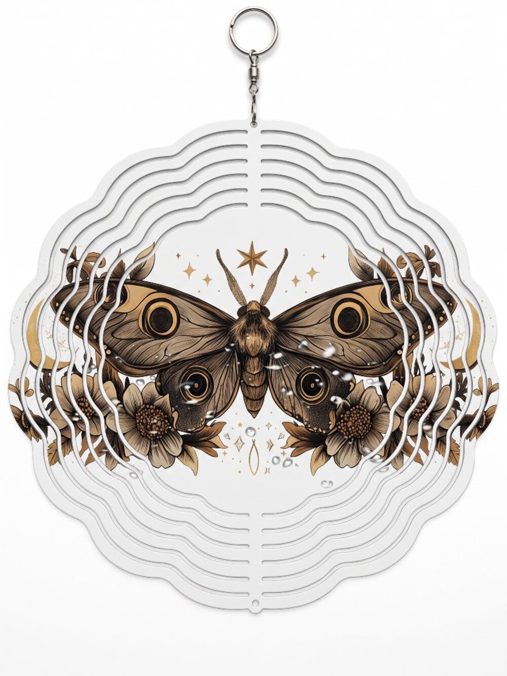10" Celestial Moth Kinetic Wind Spinner - White Floral Metal Hanging Yard Decor